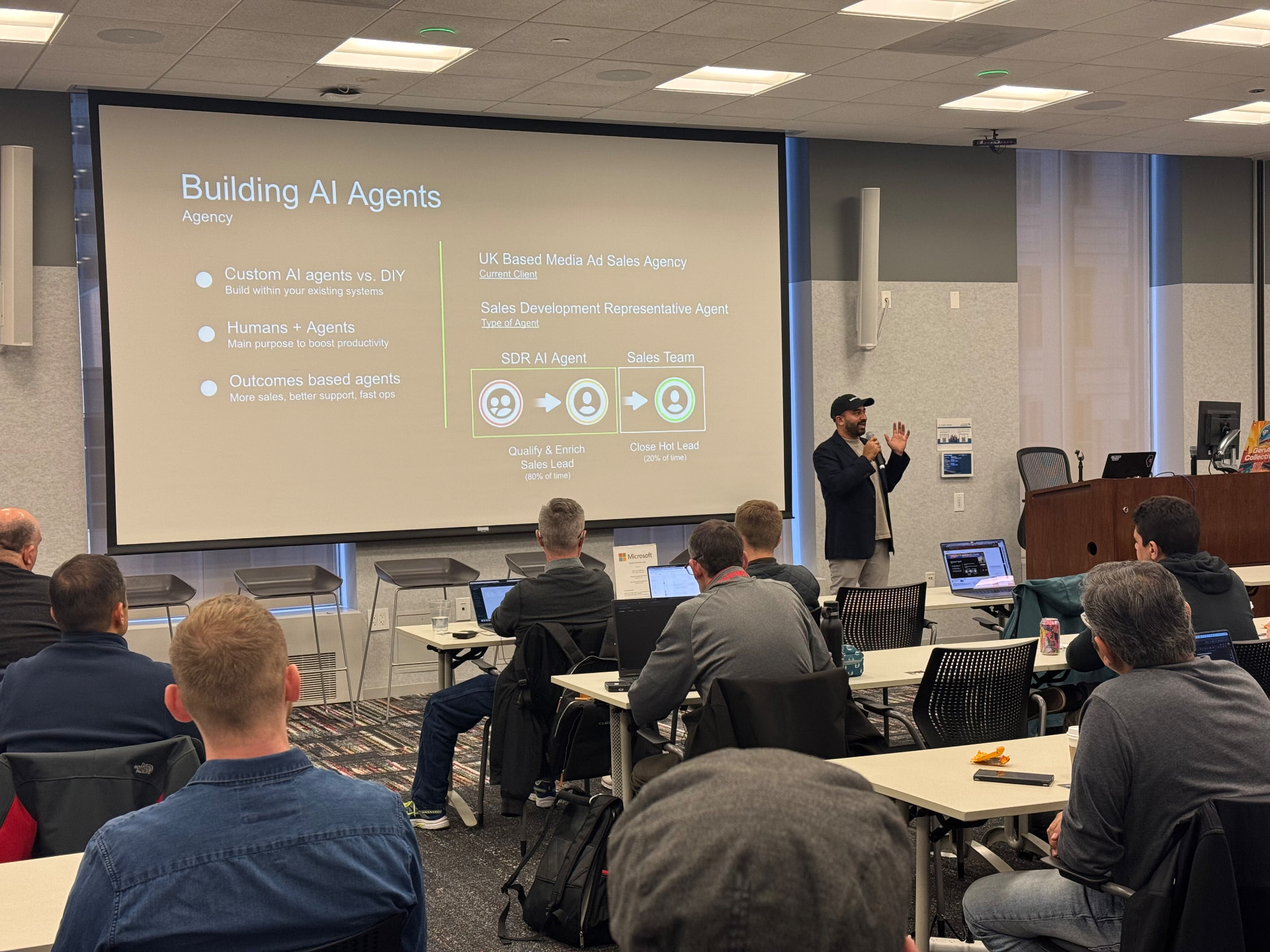Presenting Building AI Agents with a client case study on screen
